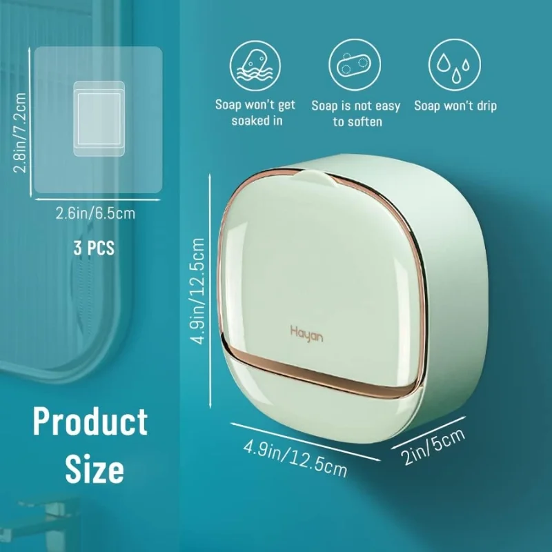 Light Green | Self-Adhesive Wall-Mounted Luxury Soap Holder with Lid and Drainage Tray - Image 3