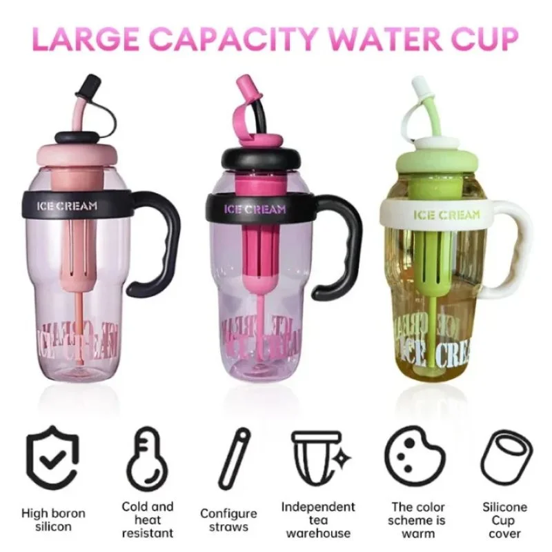 Ice Cream Water Bottle with Straw & Tea Infuser | 1400ml | | Large Capacity Gym & Summer Drink Bottle | Random color - Image 7