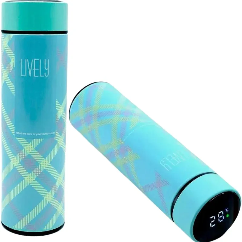 LED Temperature Display Water Bottle | Checkered Design | Smart Stainless Steel Vacuum 500ml Flask | Random Color - Image 5