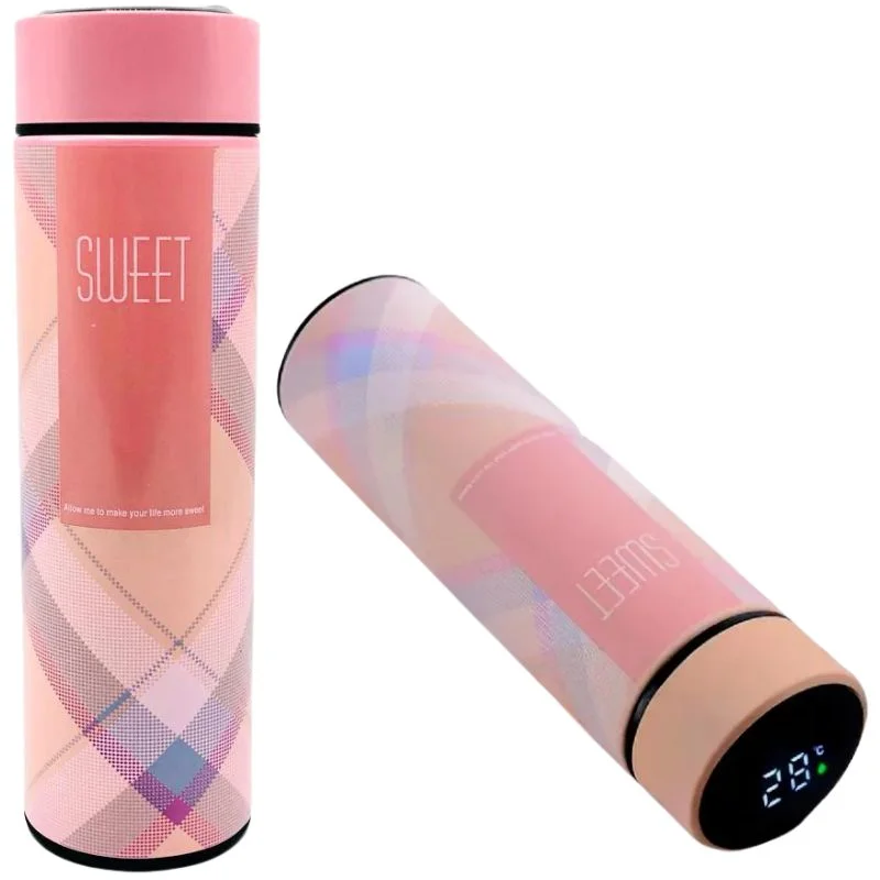 LED Temperature Display Water Bottle | Checkered Design | Smart Stainless Steel Vacuum 500ml Flask | Random Color - Image 6