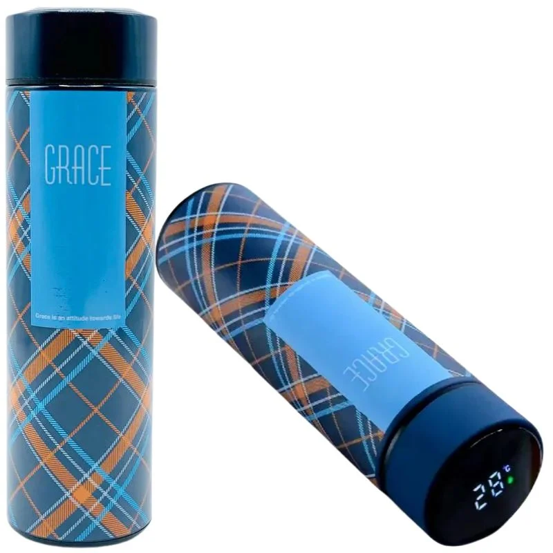 LED Temperature Display Water Bottle | Checkered Design | Smart Stainless Steel Vacuum 500ml Flask | Random Color - Image 4