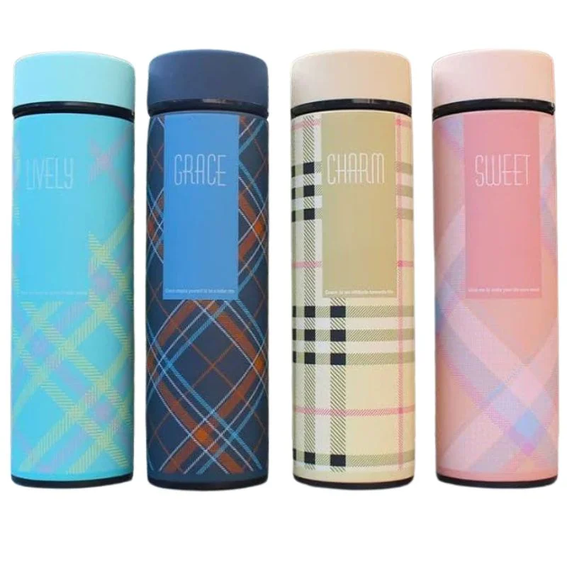LED Temperature Display Water Bottle | Checkered Design | Smart Stainless Steel Vacuum 500ml Flask | Random Color - Image 3