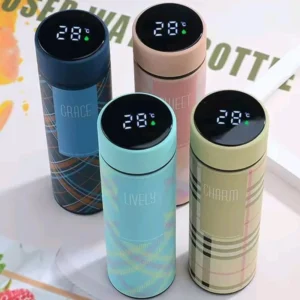LED Temperature Display Water Bottle | Checkered Design | Smart Stainless Steel Vacuum 500ml Flask | Random Color