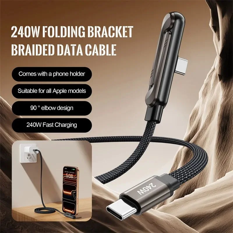 USB-C Fast Charging Cable with Foldable Phone Stand | 2-in-1 Braided Data Cable for iPhone, Samsung & Type-C Devices | 240W - Image 6