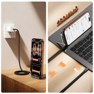 USB-C Fast Charging Cable with Foldable Phone Stand | 2-in-1 Braided Data Cable for iPhone, Samsung & Type-C Devices | 240W