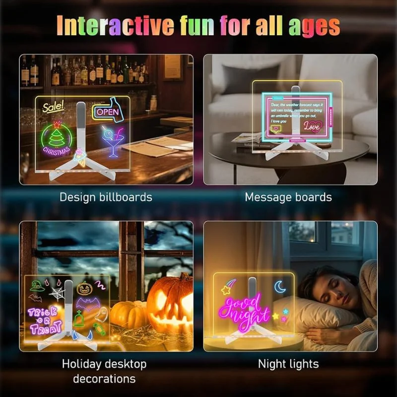 8x8 Inches LED Acrylic Writing Board with USB Light | 7 Colorful Erasable Pens | Message Board with Markers & Stand - Image 4