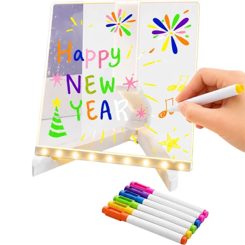 8x8 Inches LED Acrylic Writing Board with USB Light | 7 Colorful Erasable Pens | Message Board with Markers & Stand - Image 3