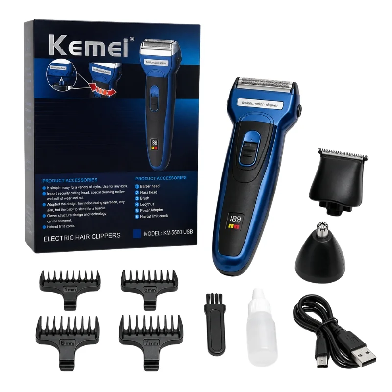 Kemei USB Electric Hair Clipper | Model KM-5560 | Rechargeable Hair Trimmer with Nose Trimmer Attachment | Professional Grooming Kit - Image 4
